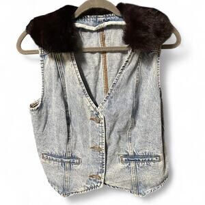 Custom upcycled short faux fur collared denim vest cottagecore coquette